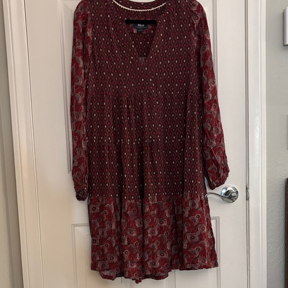 Mauve Anthropologie Wine Red Paisley Print Long-Sleeve Tiered Dress